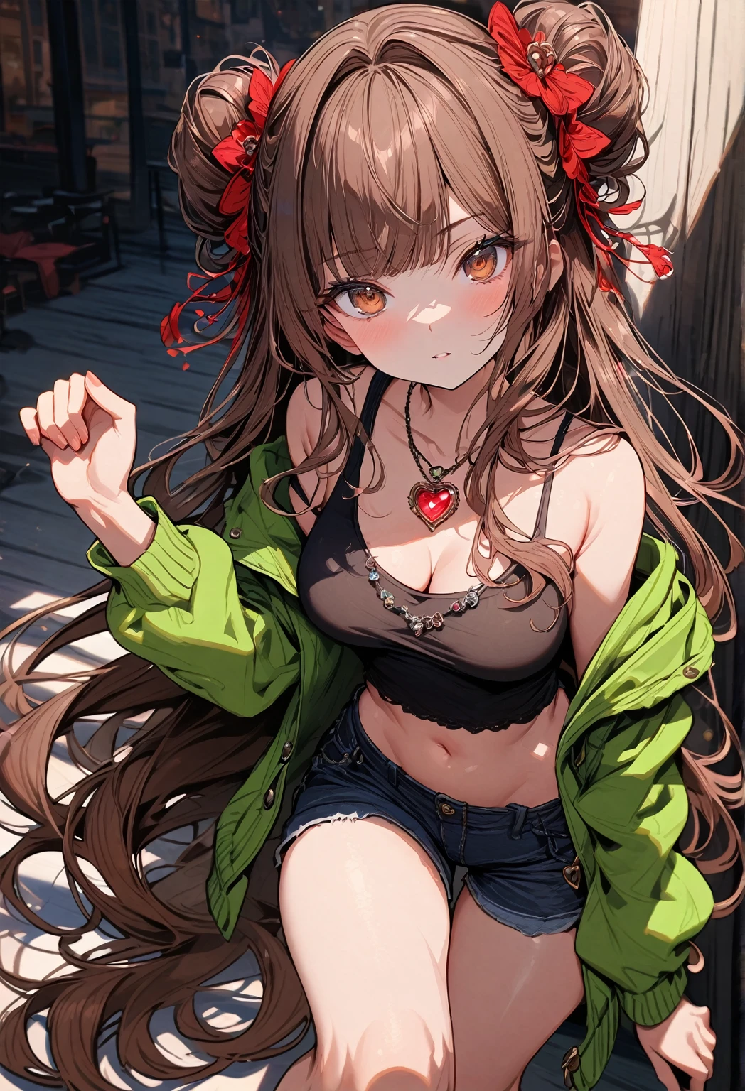 1girl, (best quality, top details, high quality, detailed, highest quality, recent, greater quality, highres, ultra fine painting, (masterpiece:1.2)), digital art, 8k resolution, detailed background, high resolution, epic lighting, RAW photo, POV, sharp focus, professional photography, good lighting, soft light, soft colors, looking at viewer, detailed lights and shadows, niji style, stylish, ultra, ultra-detailed, trending art, modern-days, master crafted, pose, dynamic position, posing, dynamic pose, hand pose, (top quality, (details:1.37)), solo, (medium breasts:1.2), tight bust, big thighs, flushtered, casual, innocent face, (cute, slim, nice hips, nice body), brown hair, (long flowing hair:1.3), twin buns hairstyle, long bangs, long hair, middle hair bangs, brown eyes, full body, ((tight black string tanktop:1.2), tummy skin, off shoulder open green hoodie, shorts, one big red gem heart necklace)