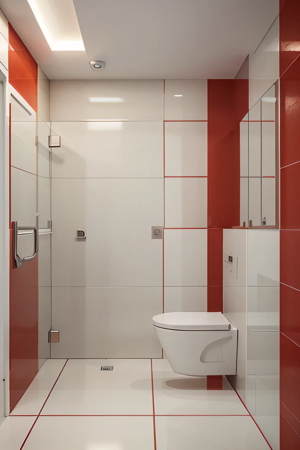 Professional architectural 3D rendering of the interior design of the bathroom and toilet in a modern and minimal style with white and bright red tiles and service.