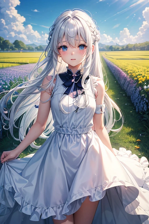 
A woman in a short dress stands in a flower field. Blue. Remix. Prompt word. Copy prompt word. A woman with long white hair and blue eyes stands in the meadow.，Anime image of a cute girl, girl with white hair, The perfect gray-haired girl., พระเจ้าwhite hair, white hair, Plow collection style, Cloud Anime, anime girl, anime art style moe, anime girlที่ดีที่สุด, (anime girl), anime girl, สาวwhite hair，white hairสลวย，หน้าอกsmallลง，Sleeveless、Women&#39;s bras，small , (8ก, raw photography, Highest quality, Masterpiece:1.2), (realistically, Virtual image:1.37), Very detailed, 1 woman, single, cute little, Beautifully detailed sky,，(((Sleeveless)))