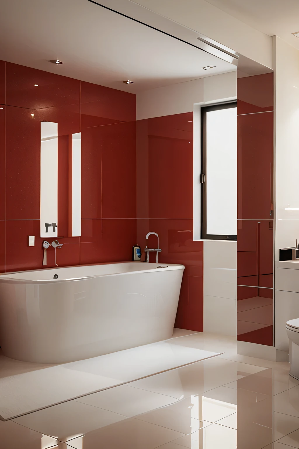 Professional architectural 3D rendering of the interior design of the bathroom and toilet in a modern and minimal style with white and bright red tiles and service.
