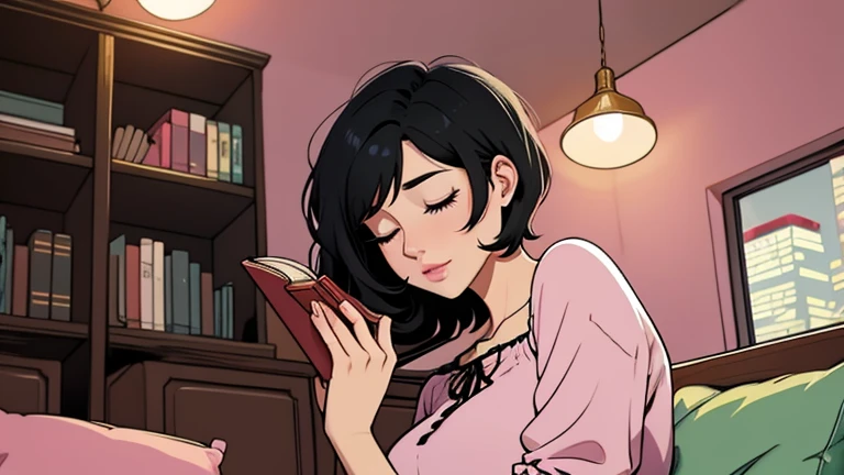 Beautiful woman in her 30s with short black hair is sitting on the sofa. Looking down, eyes closed, LOFI girl, alone in the room, blouse, cozy wallpaper, big cushion, bookshelf, relaxing mood, night core, cozy, wide glass window with skyscrapers, outside view at night, only five fingers, pink wall, Holding a book in hand,