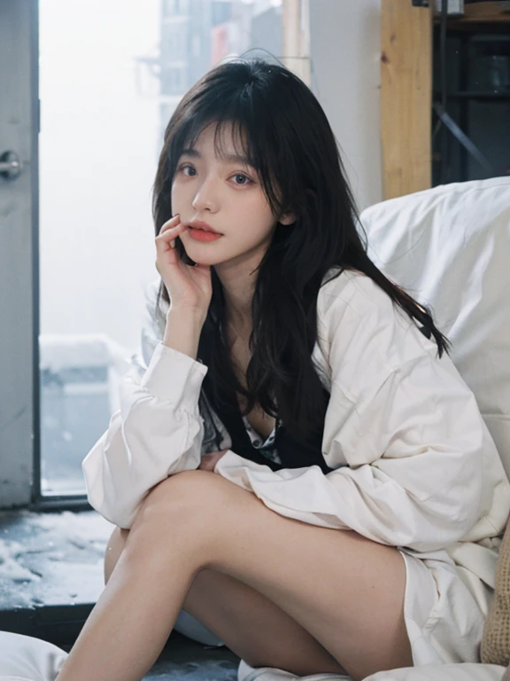 best qualtiy， 超高分辨率，8K，Sweet girl，Beautuful Women， looking at viewert， closeup cleavage，self-shot，The upper part of the body，hoody，brunette color hair，on top of the bed，sitted，19-year-old girl，