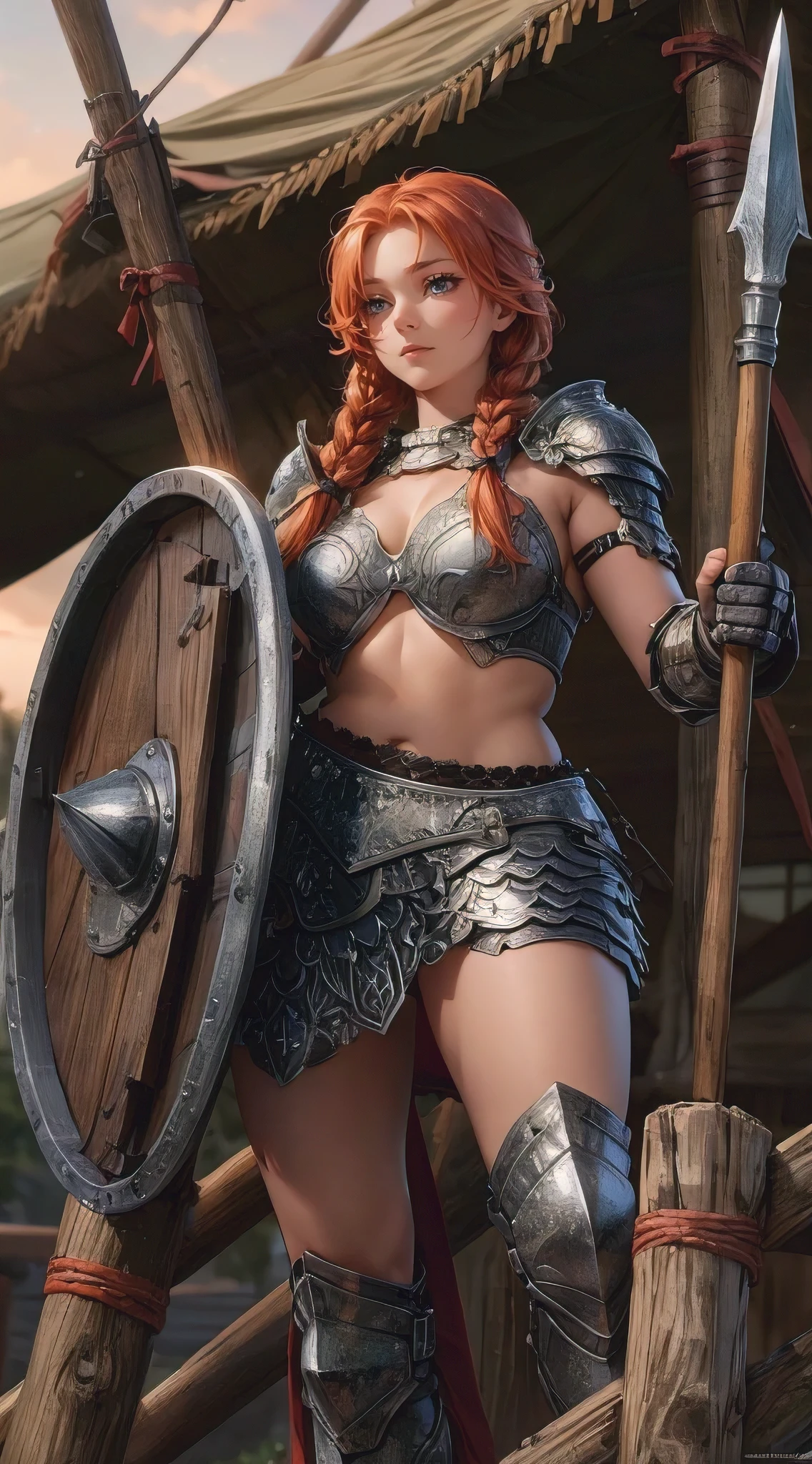 A stunningly beautiful and curvy redhead woman stands guard on a camp tower, wearing impractically sexy armor. Her twin braids frame her face, which is highlighted by gorgeous eyes that show determination. She holds a large shield and a spear, ready to protect her camp. The armor, while attractive, doesn't seem practical for battle, but the overall effect is a captivating and serious warrior goddess.