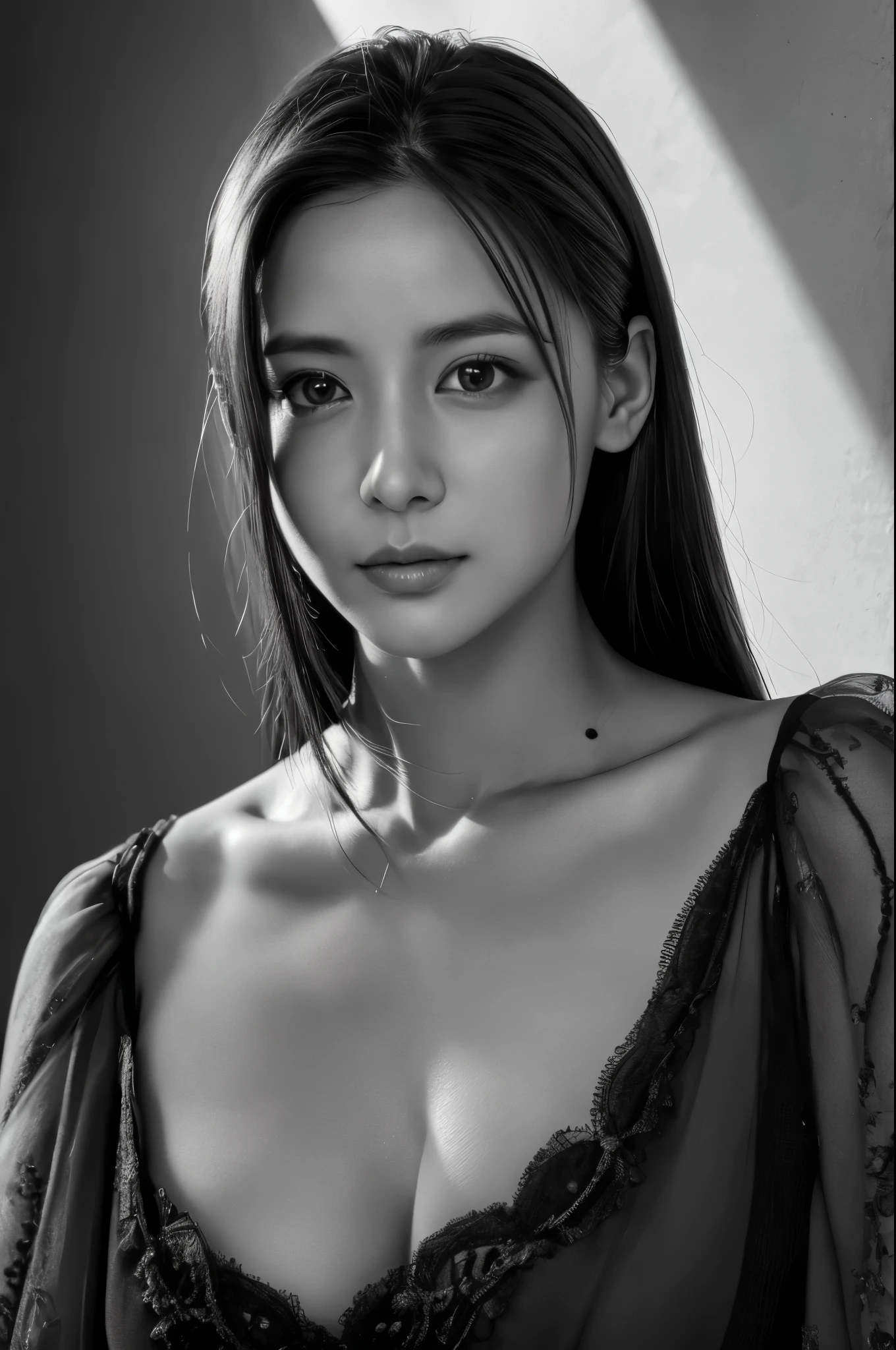 masterpiece, Best Quality, Photorealsitic, Ultra-detailed, finely detail, high resolution, 8k wallpaper, Professional, high level of detail, ((Monochrome photography)), 1girl in, ((Facing the front)), ((Vermilion lips)), Detailed clavicle, face perfect, straight haired