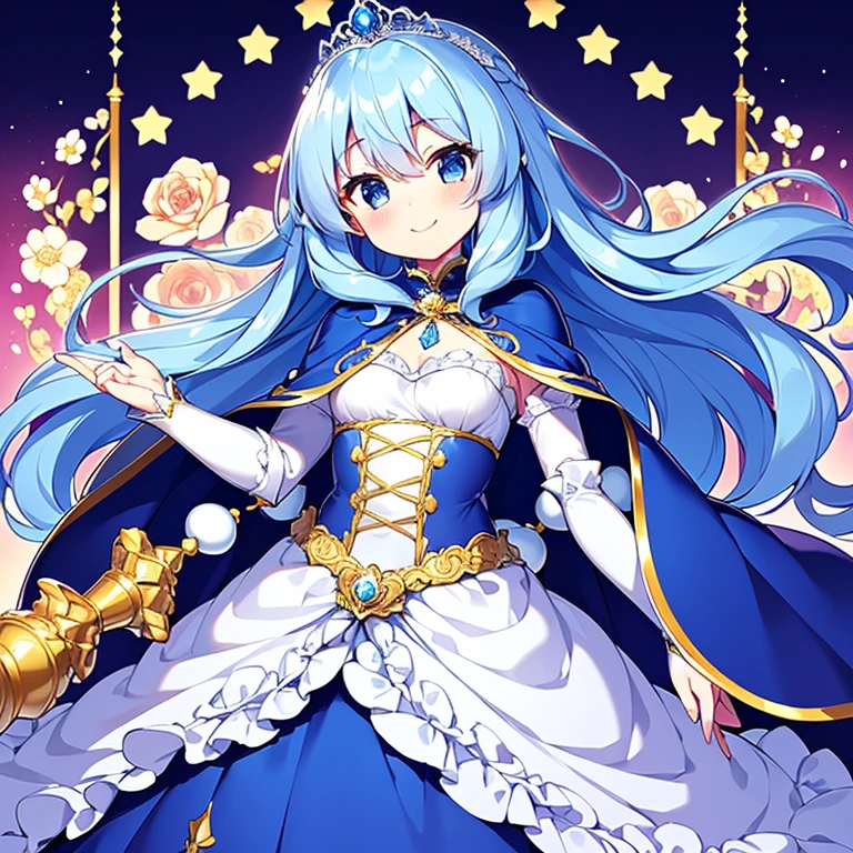 (kawaii),(looking at viewer),(best quality),(ultra detailed), upper body,(rococo style),(long train blue cape:1.15), very long cape,(long train white ball gown with flower decorations:1.05), a woman is wearing a cape over her gown, 1 beautiful princess, tiara, smile, very long hair, small breasts