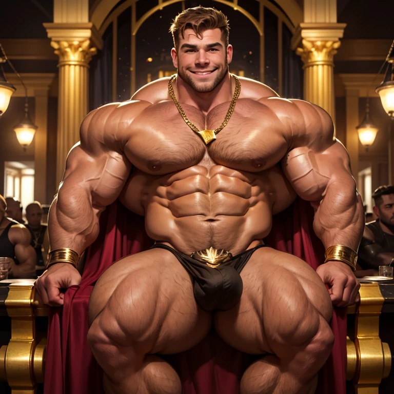 Dressed as the superhero 'Lord Gold ' a very handsome, sweet and truly massive Caucasian bodybuilder is showing off his huge bicep muscles and meaty thighs. Smiling young adult. brown hair, powerfully muscled, massive shoulders and biceps. well-defined six pack. Thick gold necklace. Eye mask