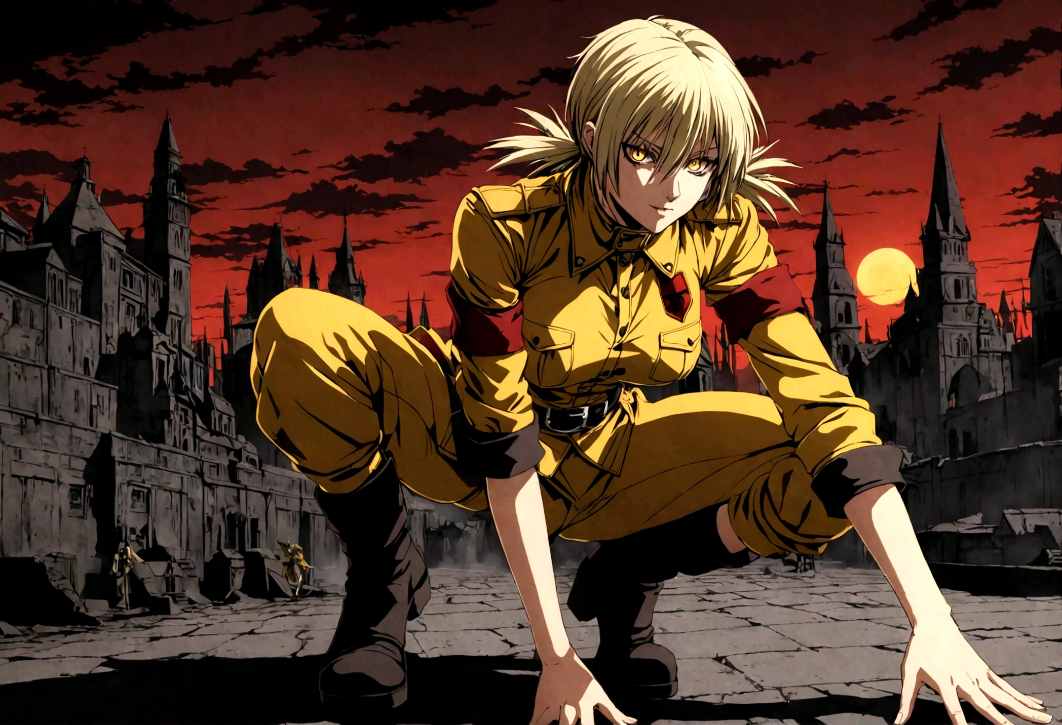 (masterpiece, top quality, best quality, official art, beautiful and aesthetic:1.2), (1girl), extreme detailed,(Victoria Seras, blond short hair, short back twintails, yellow eyes, Hellsing anime, Vampire, Hellsing uniform, yellow military uniform, jumpsuit, skirt, wide Rolled up sleeves, Chevron, black belt),colorful,highest detailed,((full body)), crouching, weapon pose, have big rifle