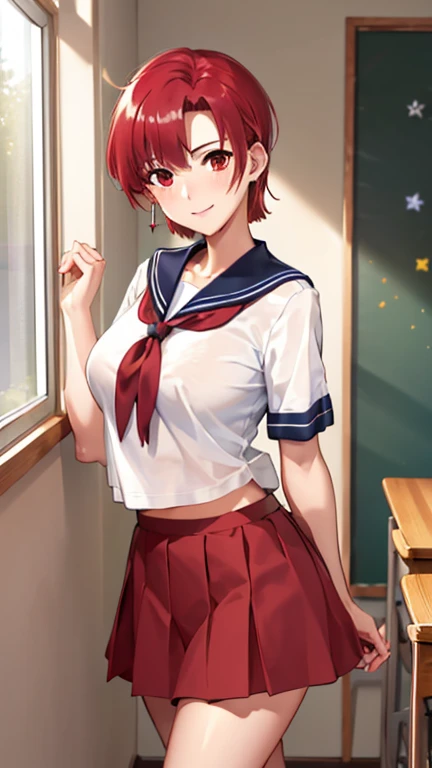 (masterpiece, highest quality:1.2), bazett, FGO, One girl, alone, short hair, Redhead, bangs, Red eyes、blush、smile、Normal beautiful breasts, Earrings, (Sailor suit、skirt)、classroom