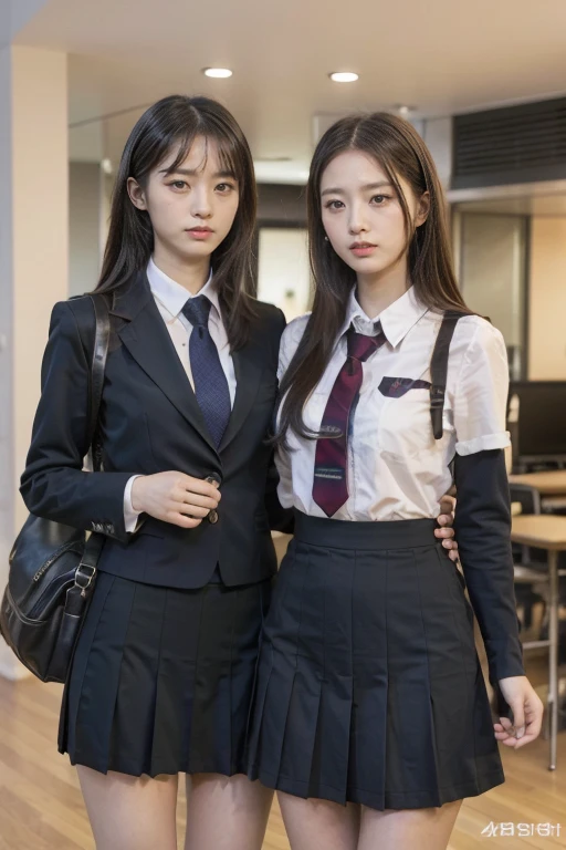 romantic student, Two female students in school uniforms, Female couple, tall and sexy, beautiful, Alumni, classmate