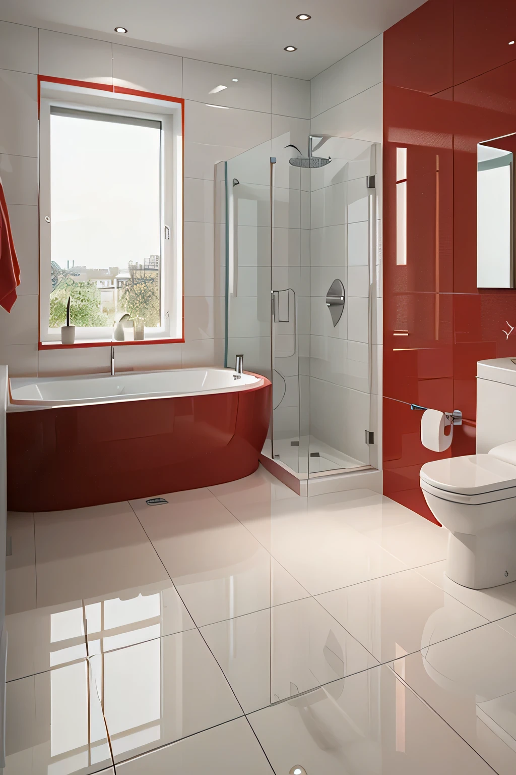 Professional architectural 3D rendering of the interior design of the bathroom and toilet in a modern and minimal style with white and bright red tiles and service.