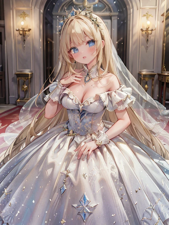 masterpiece, highest quality, Very detailed, 16k, Ultra-high resolution, Cowboy Shot, Detailed face, Perfect Fingers, One female, , blue eyes, Blonde, Long Hair, royal palace, royal palaceの庭, wedding princess dress