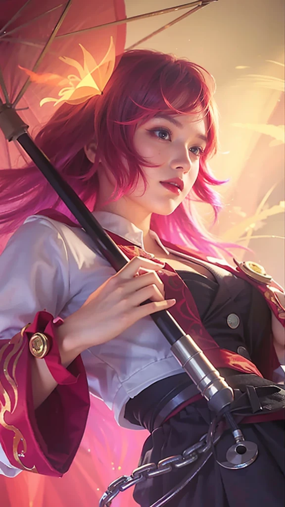 Angel face, red hair, red eye, red dress, red and black umbrella, gold flower head