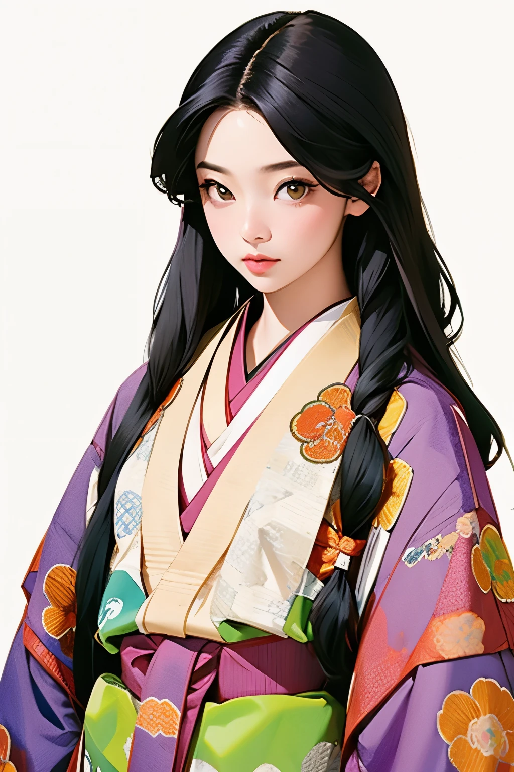 (masterpiece, highest quality:1.2), One girl, (beautiful japanese girl:1.2), juni-hitoe, solo, (upper body), Straight long black hair、hiogi、court crest print, itutuginu, kasanenoirome, munamoto itutugine, sodeguchi itutuginu, suso itutuginnu, detail, Blank background, white background,