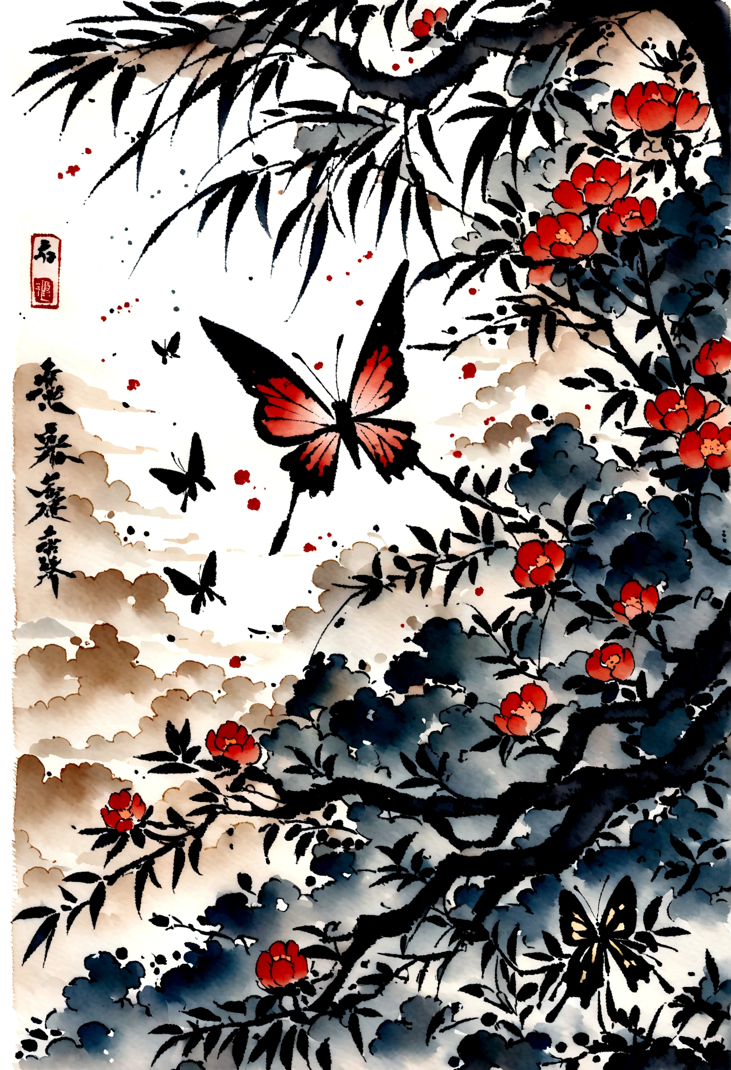 There is a painting of a butterfly and flowers on a white background, Traditional Chinese Watercolor, traditional Chinese ink painting, Chinese watercolor style, traditional Chinese painting, 中traditional Chinese painting风格