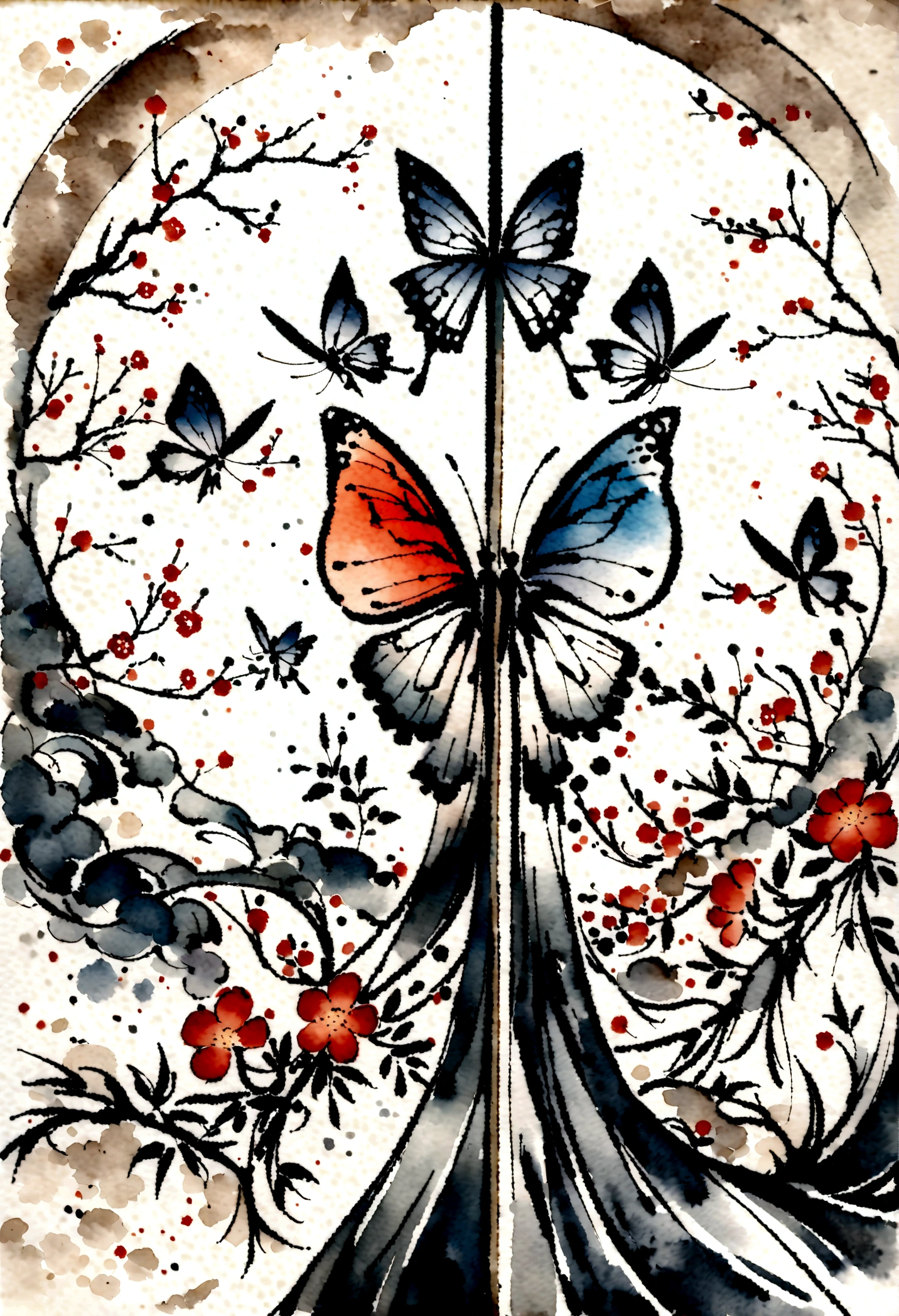 There is a painting of a butterfly and flowers on a white background, Traditional Chinese Watercolor, traditional Chinese ink painting, Chinese watercolor style, traditional Chinese painting, 中traditional Chinese painting风格