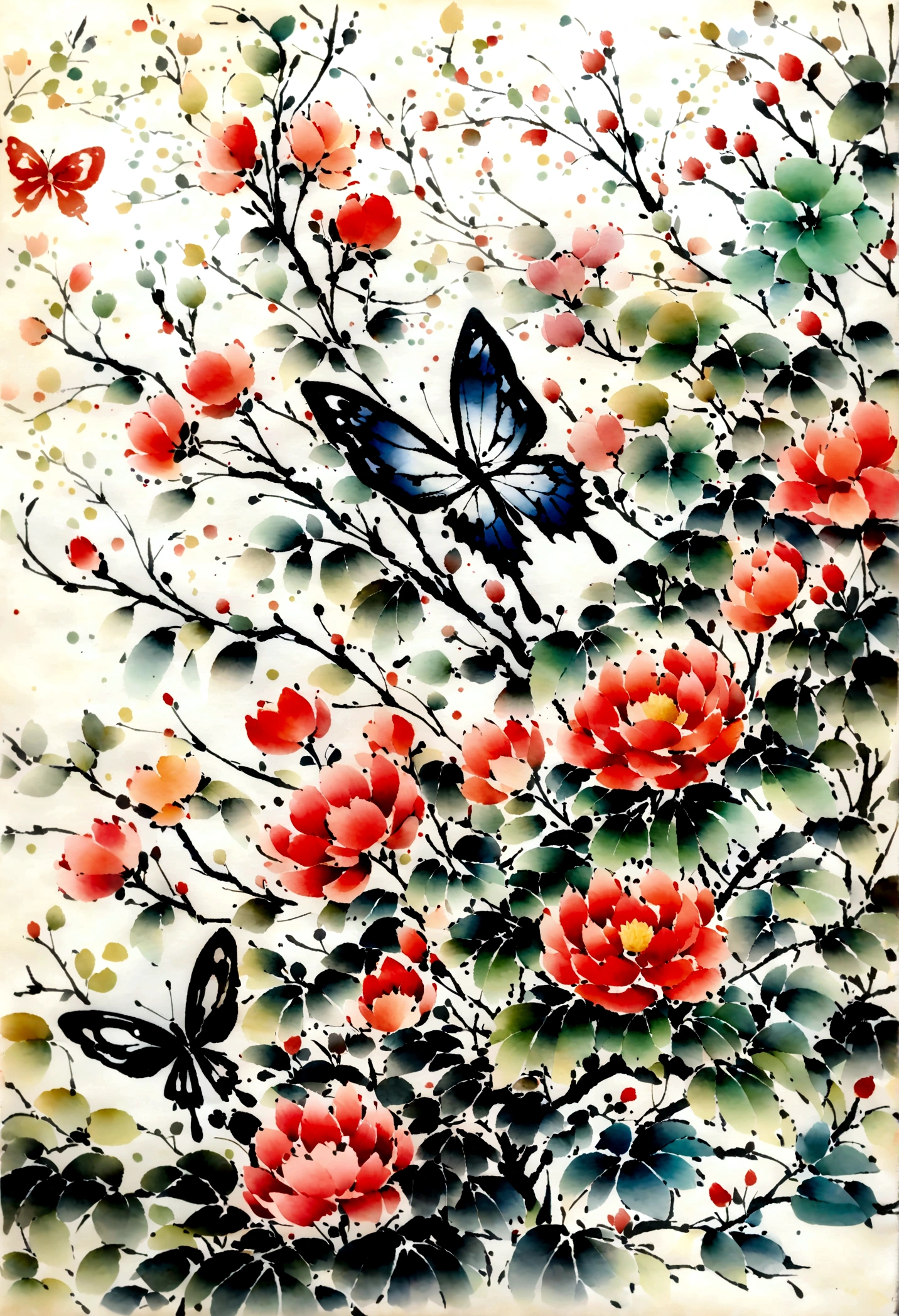 There is a painting of a butterfly and flowers on a white background, Traditional Chinese Watercolor, traditional Chinese ink painting, Chinese watercolor style, traditional Chinese painting, 中traditional Chinese painting风格