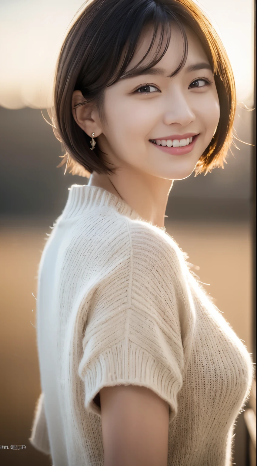 masterpiece, highest quality, official art, Highly detailed CG Unity 8k wallpaper, single girl, ultra high resolution, (realistic: 1.4), golden hour lighting, sweater dress, (Upper body), (K-POPアイドル), (attractive: 1), (platinum short hair: 0.8), ((puffy eyes)), looking at the viewer, facing forward, smile, laughter,Medium chest, shirt lift, gloves,short hair,