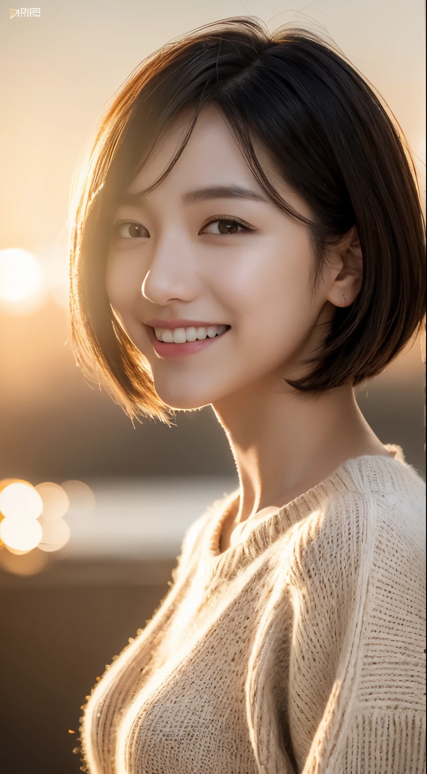 masterpiece, highest quality, official art, Highly detailed CG Unity 8k wallpaper, single girl, ultra high resolution, (realistic: 1.4), golden hour lighting, sweater dress, (Upper body), (K-POPアイドル), (attractive: 1), (platinum short hair: 0.8), ((puffy eyes)), looking at the viewer, facing forward, smile, laughter,Medium chest, shirt lift, gloves,short hair, 