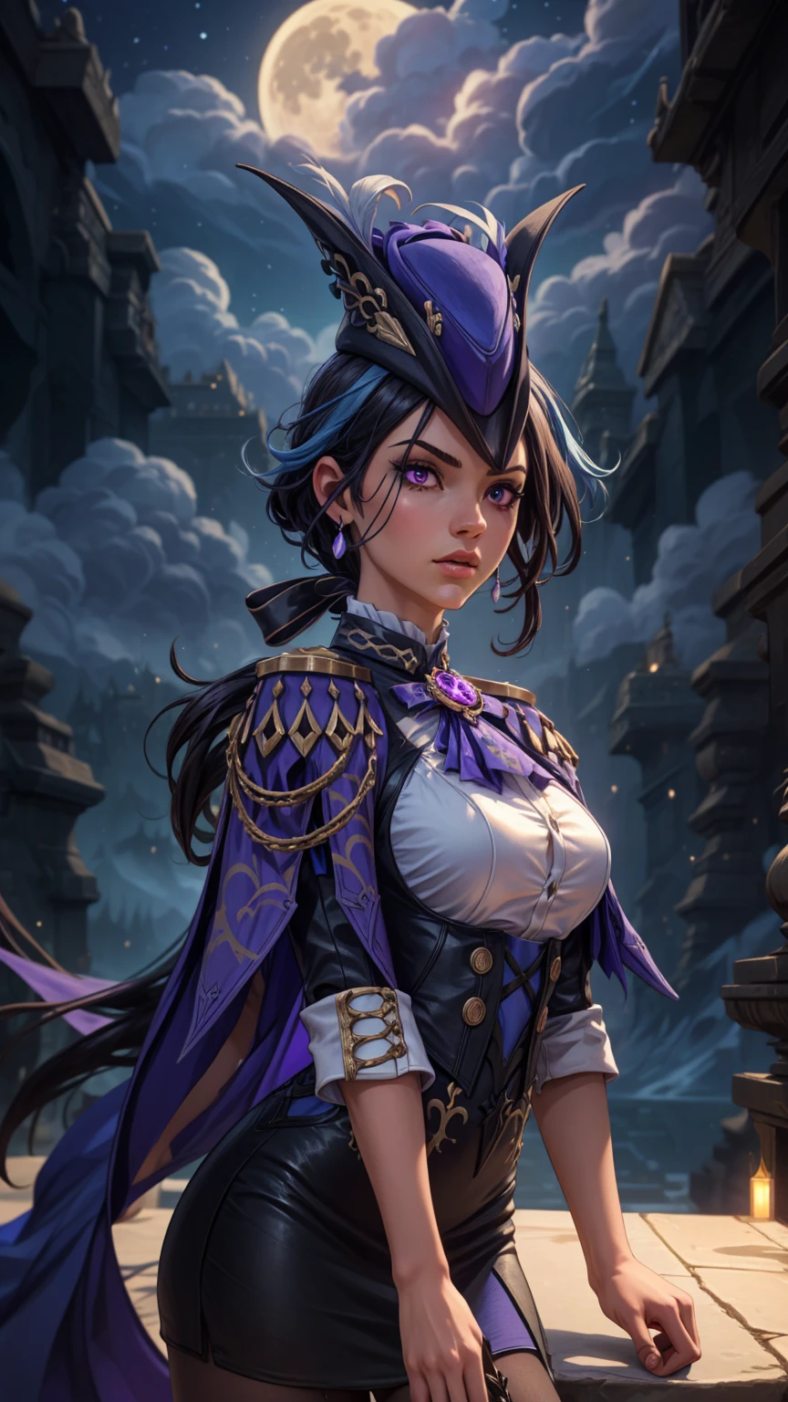 "((fantasy art)) featuring an alien girl, immersed in a heavenly symphony, clouds turn into bright splashes, flowers are scattered, like notes in the wind, visual orchestration of color and wonder" night , full moon very detailed, dynamic, cinematic, deafening, Realistic lighting and shadows, masterpiece, best quality, highly detailed, 1girl, solo, giclorinde, purple eyes, large breasts, hair between eyes, long hair, dark blue hair, earrings, black skirt, miniskirt, pantyhose, purple ascot, purple capelet, black corset, black pantyhose, black skirt, white gloves, hat, tricorne, 
