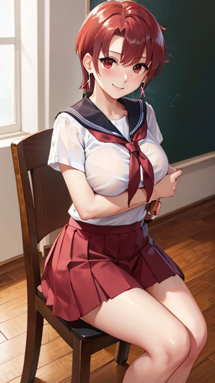 (masterpiece, highest quality:1.2), bazett, FGO, One girl, alone, short hair, Redhead, bangs, Red eyes、blush、smile、Normal beautiful breasts, Earrings, (Sailor suit、skirt)、classroom、Sit on a chair