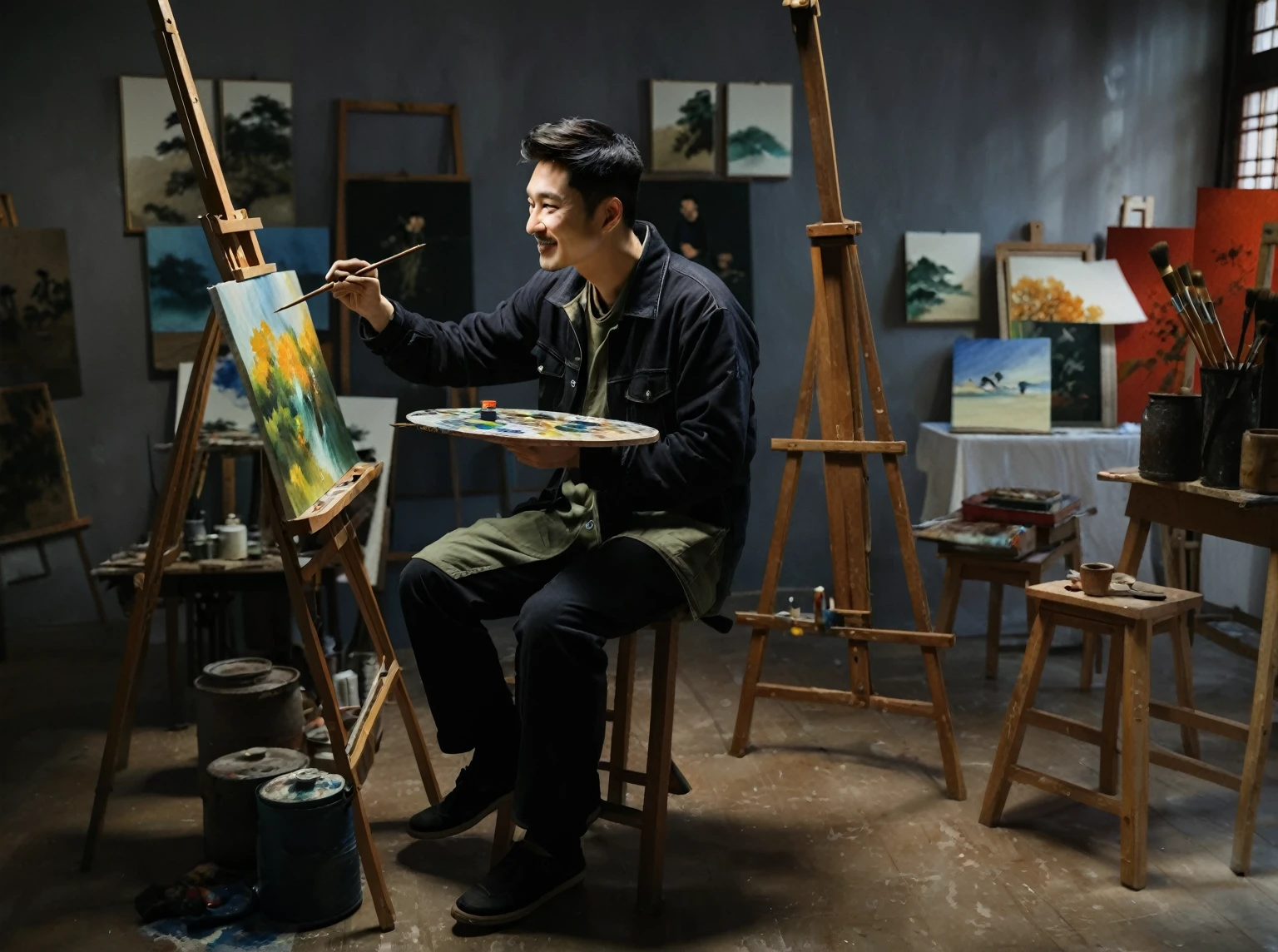 A handsome Chinese painter，Chinese men，Chinese male painter，Smiling，engrossed，Painter's studio，Attentively，8k，HD，RAW,