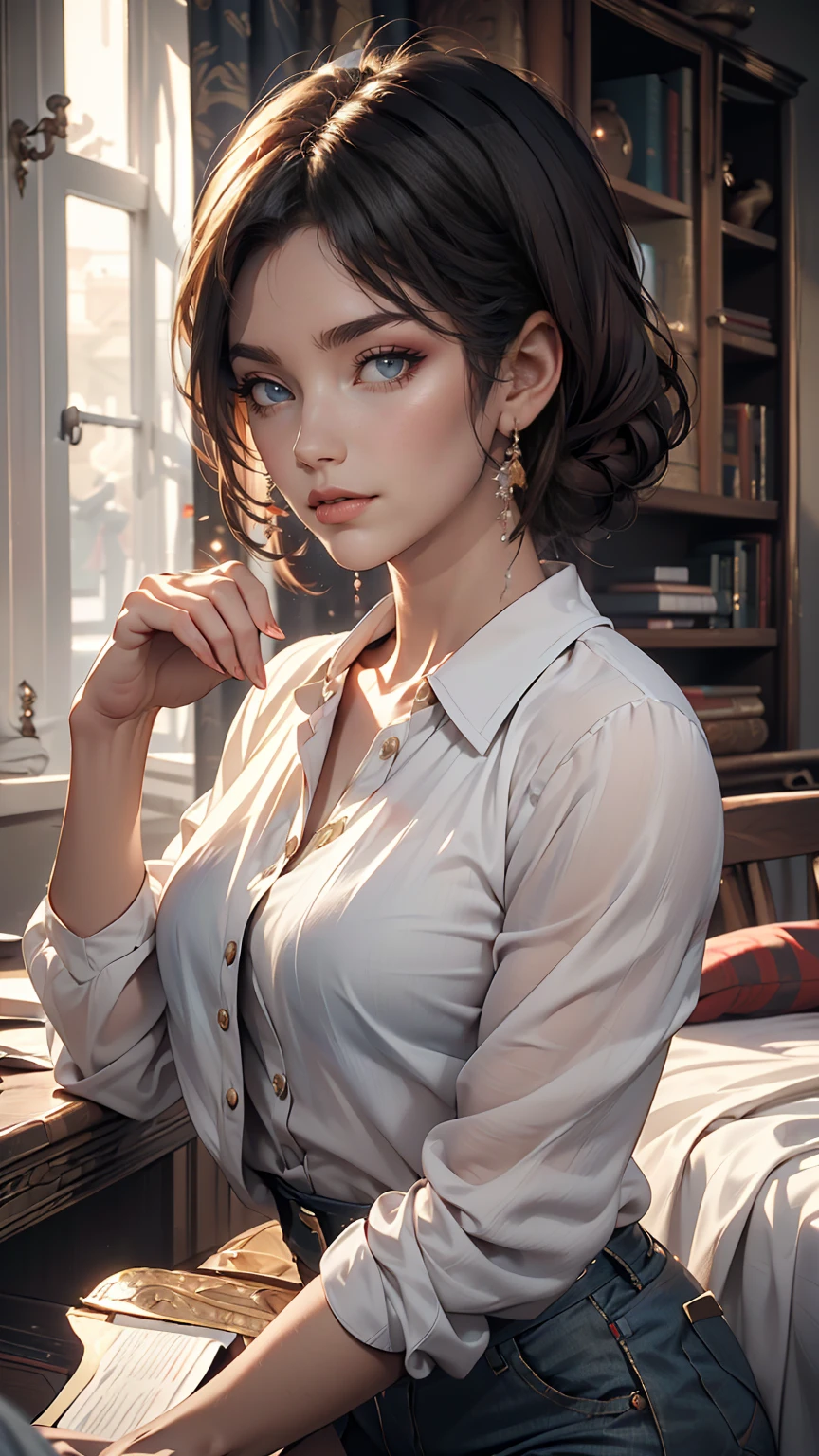 ((最high quality, 8k, masterpiece: 1.3, Ultra HD, high quality, 最high quality, High resolution, realism)) 、that'Cleopatra、Inside an ancient Egyptian palace、Using her body to seduce Julius Caesar of Rome