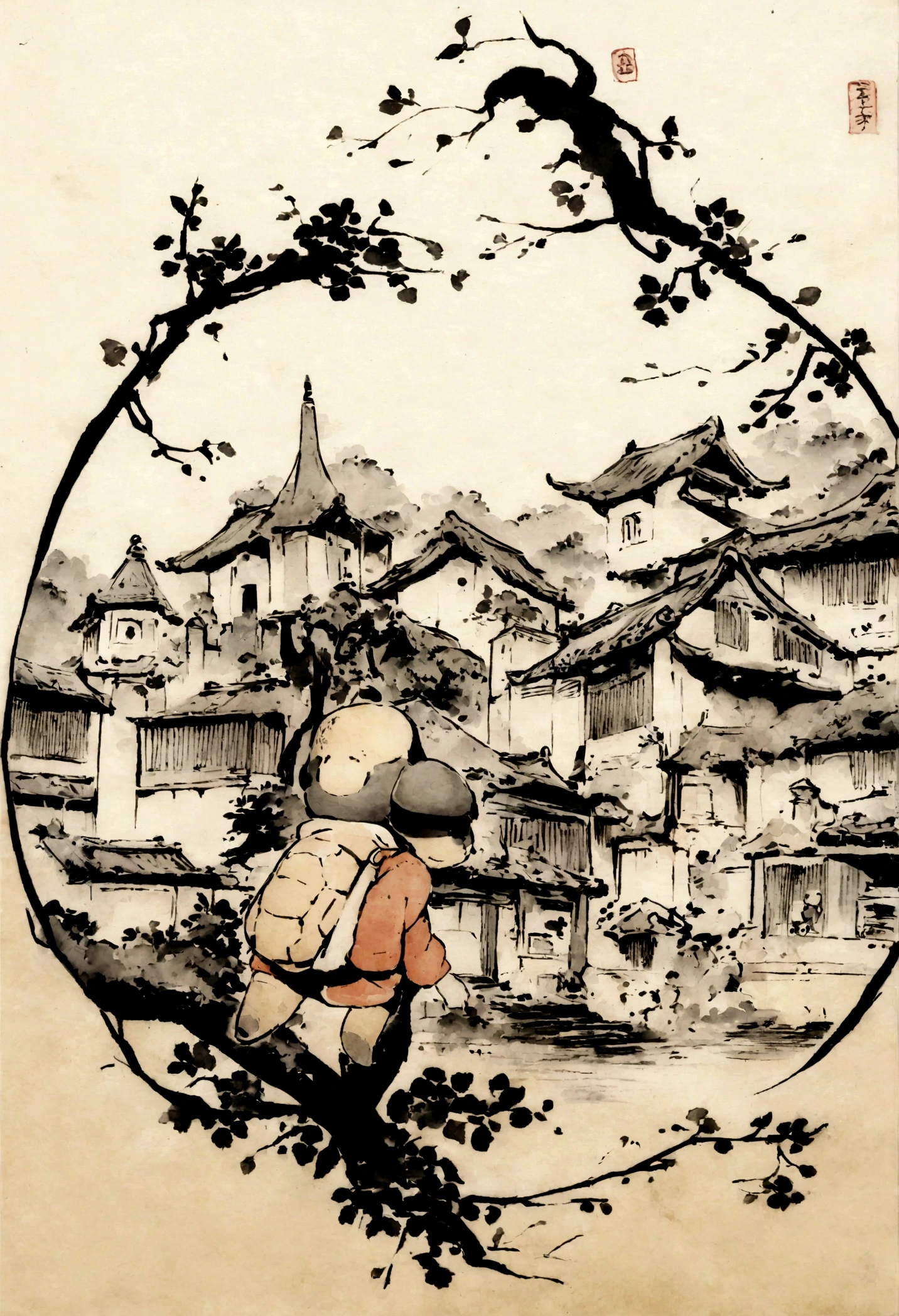 A cute turtle,Suitable for children's coloring book,The background is a real city scene,Chinese ink painting style,Carrying a travel bag