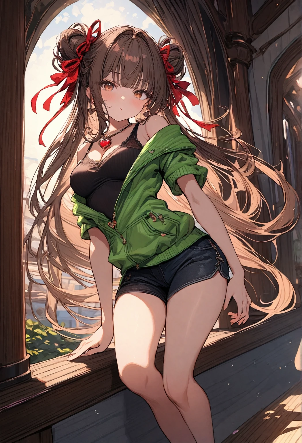 1girl, (best quality, top details, high quality, detailed, highest quality, recent, greater quality, highres, ultra fine painting, (masterpiece:1.2)), digital art, 8k resolution, detailed background, high resolution, epic lighting, RAW photo, POV, sharp focus, professional photography, good lighting, soft light, soft colors, looking at viewer, detailed lights and shadows, niji style, stylish, ultra, ultra-detailed, trending art, master crafted, blurry background, pose, dynamic position, posing, dynamic pose, hands pose, (top quality, (details:1.37)) , solo, (medium breasts:1.2), tight bust, flushtered, casual, innocent face, (cute, slim, nice hips, nice body), brown hair, (long flowing hair:1.3), twin buns hairstyle, long bangs, long hair, middle hair bangs, brown eyes, full body, ((tight black string tanktop:1.2), tummy skin, off shoulder open green hoodie, shorts, one big red gem heart necklace)