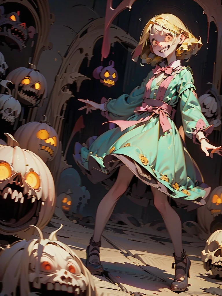 Gruesome and spooky details、An atmosphere full of suspense and tension、Psychological horror、Cute Smile、Mysterious and unsettling atmosphere、A terrifying moment、Nightmare scenario、Alice in Wonderland、Blonde、Big shoes、Enthusiastic atmosphere、Mischievous Smile、Expressive gestures、Comical movement、Psychedelic world
