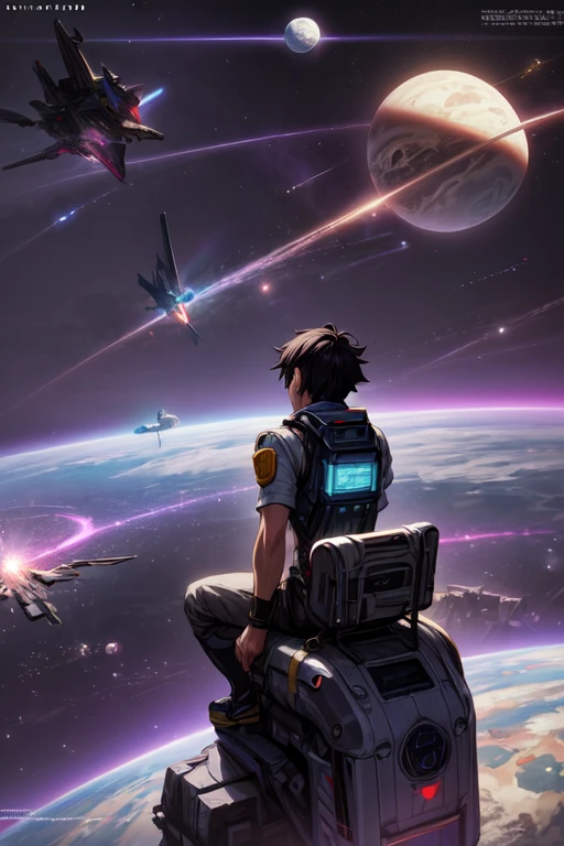 Anime guy sitting on the ground and looking at the planet, Space Cowboy, cyber Space Cowboy, inspired by Josan González, Makoto Shinkai ( Apex Legends ), Akira, style by Ross Tran, Akira флюиды, Akira's Art Style, floating near the planets, Josan Gonzalez, scifi art!!!!!!!, Josan Gonzalez!!!, in space, modern sci-fi anime  