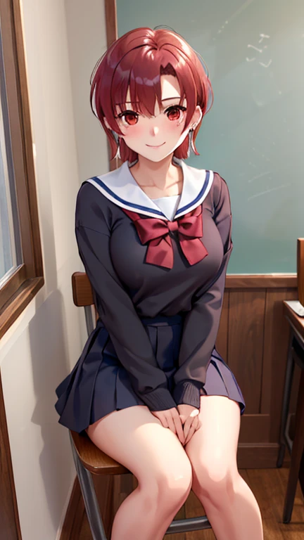 (masterpiece, highest quality:1.2), bazett, FGO, One girl, alone, short hair, Redhead, bangs, Red eyes、blush、smile、Normal beautiful breasts, Earrings, (Sailor suit、mini skirt)、classroom、Sit on a chair、((Legs apart))、((Cute Panties、Panty shot))