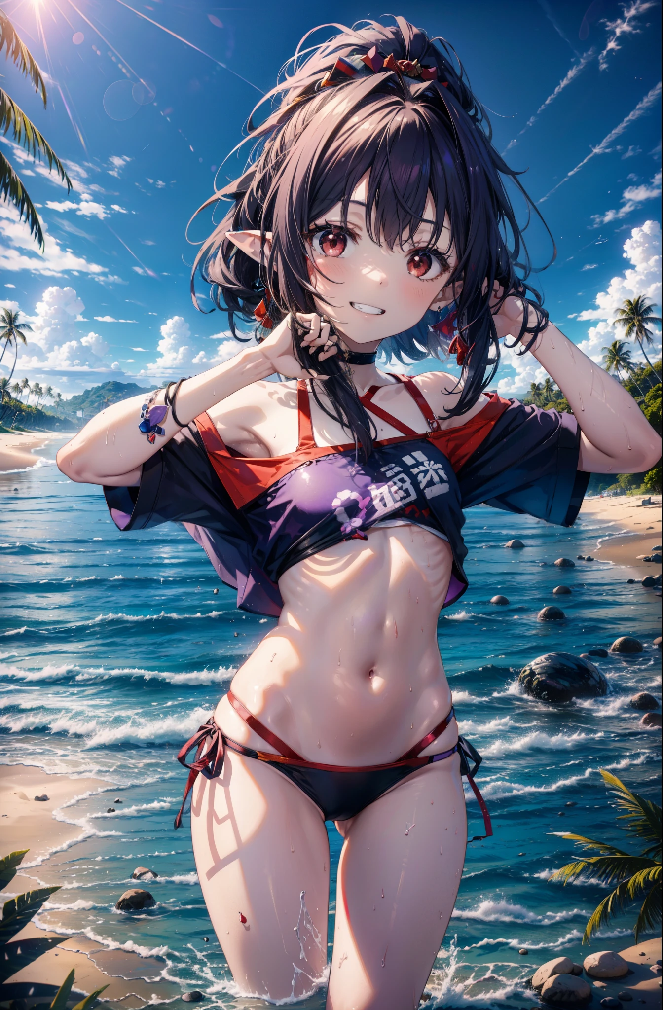 yuukikonno, Yuki Konno, hair band, Long Hair, Pointy Ears, Purple Hair, (Red eyes:1.5), (Small breasts:1.2), Grin,smile,purple bikini swimsuit,Oversized red t-shirt,One Shoulder,barefoot,Palm tree,He has a swim ring on his right arm,Palm tree,True Summer,whole bodyがイラストに入るように,walk,
break looking at viewer, whole body,(Cowboy Shot:1. 5)
break outdoors, Beach,Sandy Beach,
break (masterpiece:1.2), highest quality, High resolution, unity 8k wallpaper, (shape:0.8), (Beautiful details:1.6), Highly detailed face, Perfect lighting, Extremely detailed CG, (Perfect hands, Perfect Anatomy),