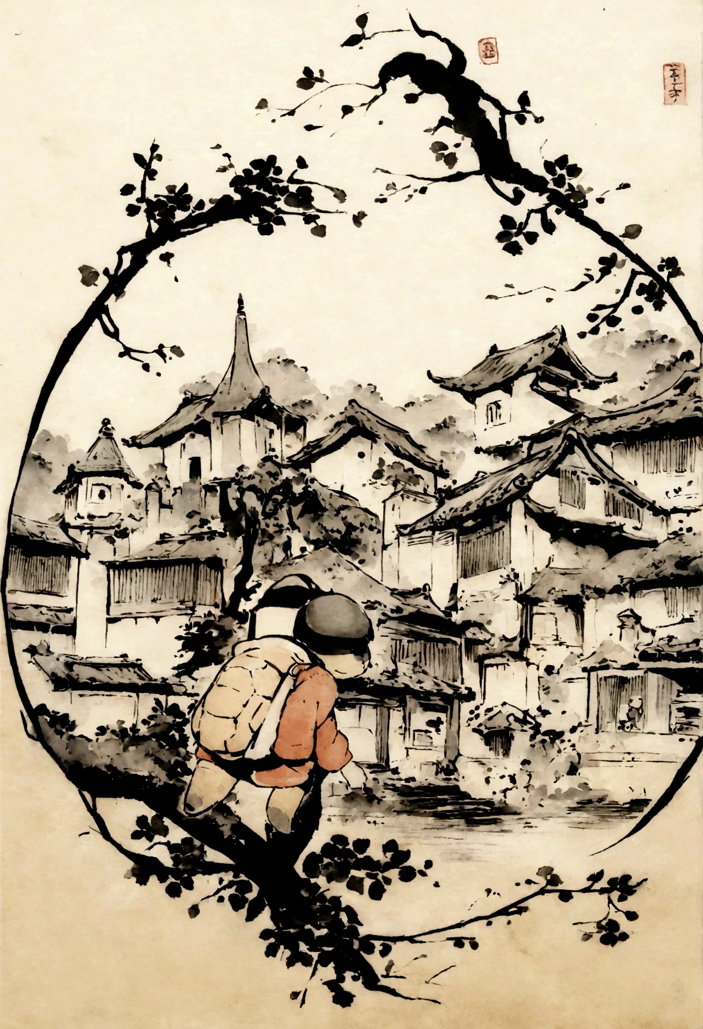 A cute turtle，Suitable for children&#39;s coloring book，The background is a real city scene,Chinese ink painting style，Carrying a travel bag