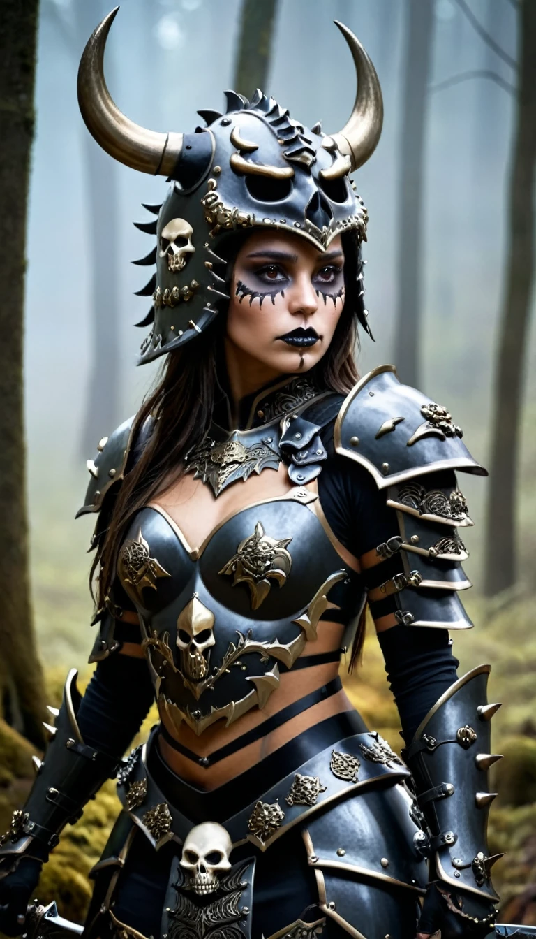 (full body shot:1.4),dark fantasy,horror,realistic,female warrior,mountain woman,dark heavy armor,spooky armor,wild animal skin trim,armor helmet with open face, tangential detail trim,dark ornaments, skulls and bones, dark aura,detailed face,detailed eyes,detailed lips,sharp focus,highly detailed,cinematic lighting,muted colors,dramatic shadows,moody atmosphere,gritty textures,dramatic pose, cinematic style
