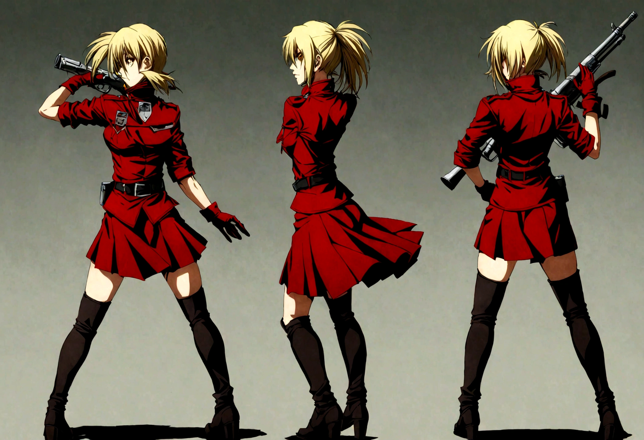 (masterpiece, top quality, best quality, official art, beautiful and aesthetic:1.2), (1girl), extreme detailed,(Victoria Seras, blond short hair, short back twintails, yellow eyes, Hellsing anime, Vampire, Hellsing uniform, military uniform, skirt, Rolled up sleeves, Chevron, black belt),colorful,highest detailed,((full body)), crouching, weapon pose, have big rifle