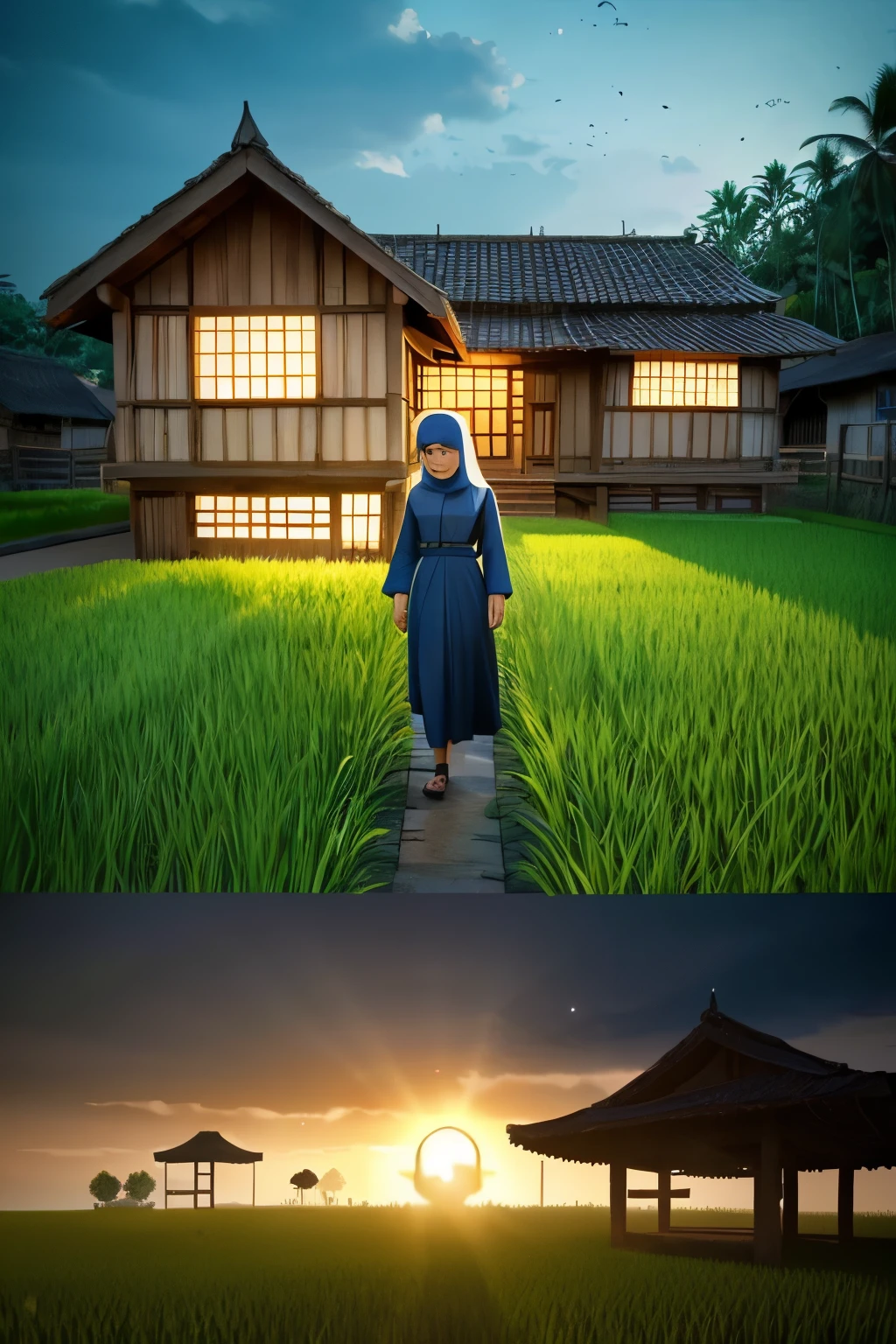 A beautiful girl lives in the village, she is Muslim, and she has a family, father, mother, and younger sibling. Her house is close to the rice fields. (Anime, cartoon, light effect, lighting is smooth, and 3D animation)
