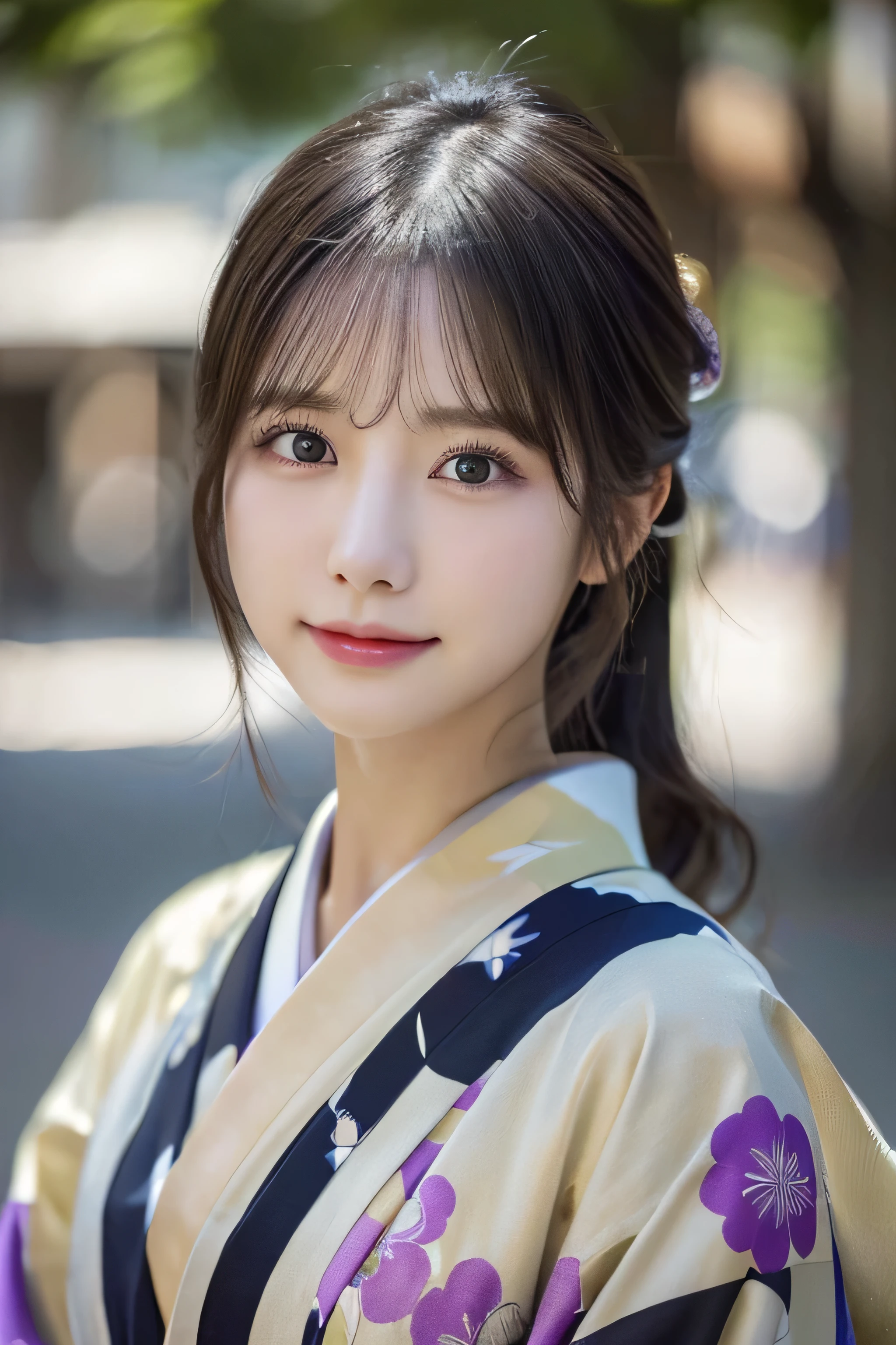 (Kimono)、((35 year old))、randome pose、(top-quality,​masterpiece:1.3,超A high resolution,),(ultra-detailliert,Caustics),(Photorealsitic:1.4,RAW shooting,)Ultra-realistic capture,A highly detailed,High resolution 16K human skin closeup、 Skin texture is natural、、The skin looks healthy with an even tone、 Use natural light and color,1 girl,japanes,,kawaii,A dark-haired,Middle hair,,smil,,(depth of fields、chromatic abberation、、Wide range of lighting、Natural Shading、)、