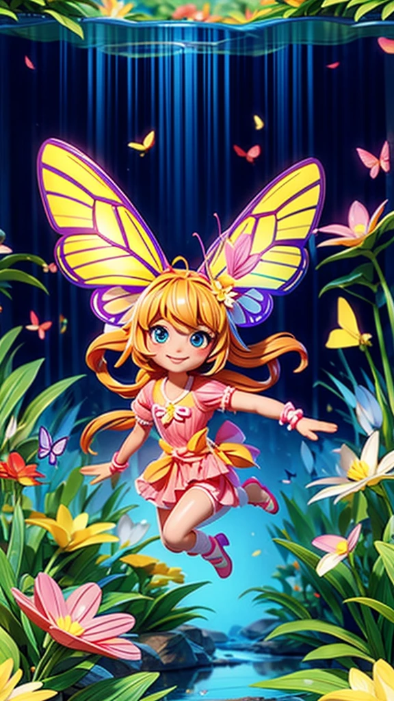 a butterfly girl, flying around a flower field, by a stream, the dazzling light of summer
