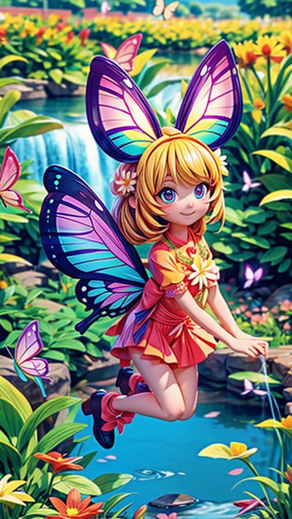 a butterfly girl, flying around a flower field, by a stream, the dazzling light of summer