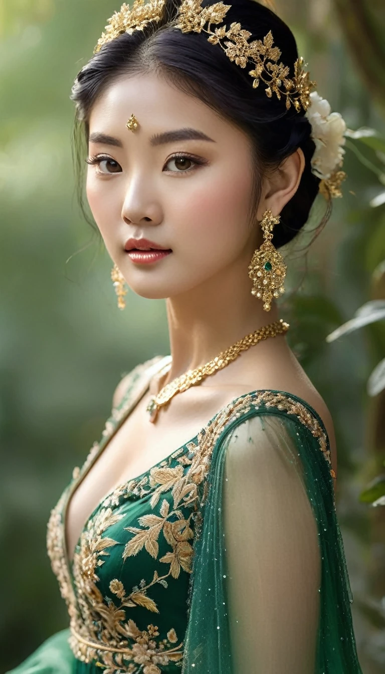 Create a masterpiece image of an exceptionally beautiful Asian girl with an angelic and innocent face. She should be adorned with radiant, intricate jewelry that catches the light, including gemstone earrings, a sparkling necklace, and delicate bracelets. Her attire should be mystical and captivating, made from rich fabrics such as silk and satin, with flowing designs and intricate patterns like classic floral motifs or mystical symbols.
She could be wearing a long dress with light, ethereal layers in enchanting colors like emerald green, twilight purple, or wine red, with meticulously embroidered details in gold or silver thread. Her hair could be long and silky, styled naturally or elegantly pinned up with delicate hair accessories like gold pins or fresh flowers.
The background should be an enchanting setting, perhaps a magical forest with shimmering light filtering through the leaves, or an ancient palace with intricate architecture and flickering candlelight. The lighting in the image should be professionally arranged, with soft rays gently illuminating her body and face, creating a shimmering and magical effect. Her posture and expression should convey a graceful elegance and an otherworldly charm, as if she is a goddess or a character stepping out of legend.