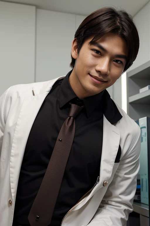 Asian men's, Height 175 cm, large shoulders, perfect figure beautiful woman:1.4, Slim abs:1.1, ((Dark brown hair, )),Large muscular feet, (Draw eye details), Asian male pretty face, perfect face, high-quality, hyper realistic, looking at the camera, kind face, smiling, wearing doctor white coat with formal dark black shirt and ties inside, smart, serious, benevolence, behind is the laboratory