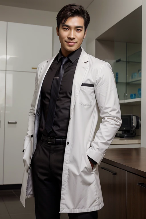 Asian men's, Height 175 cm, large shoulders, perfect figure beautiful woman:1.4, Slim abs:1.1, ((Dark brown hair, )),Large muscular feet, (Draw eye details), Asian male pretty face, perfect face, high-quality, hyper realistic, looking at the camera, kind face, smiling, wearing doctor white coat with formal dark black shirt and ties inside, smart, serious, benevolence, behind is the laboratory