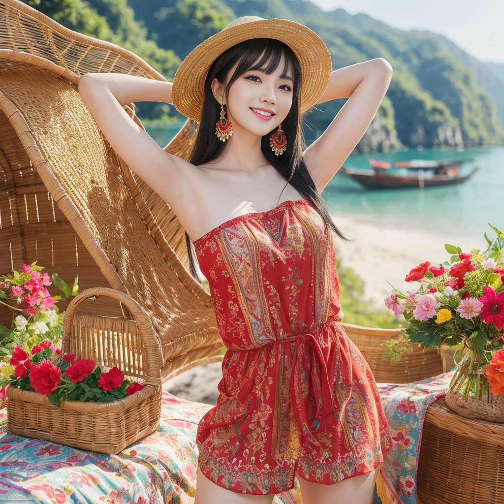 Hyperrealistic of a very beautiful thai women with long very straight black hair bangs, pale very white shine skin complexion ,medium size of the body, beautiful smile on her face wearing off shoulder drees in a color of red with colorful flowers background with a big name"KRISTINE"in italic font golden color