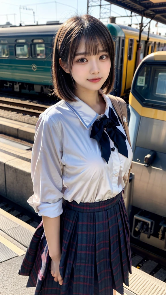 (masterpiece:1.2, highest quality), bokeh, 1 high school girl, 
(Japanese idle:1.6), Plump breast, Blushed face, short bob hair, Looking at the viewer, standing at the train railway, high school uniform:1.6), sundown, Close up, expresses the roundness and softness of your chest
