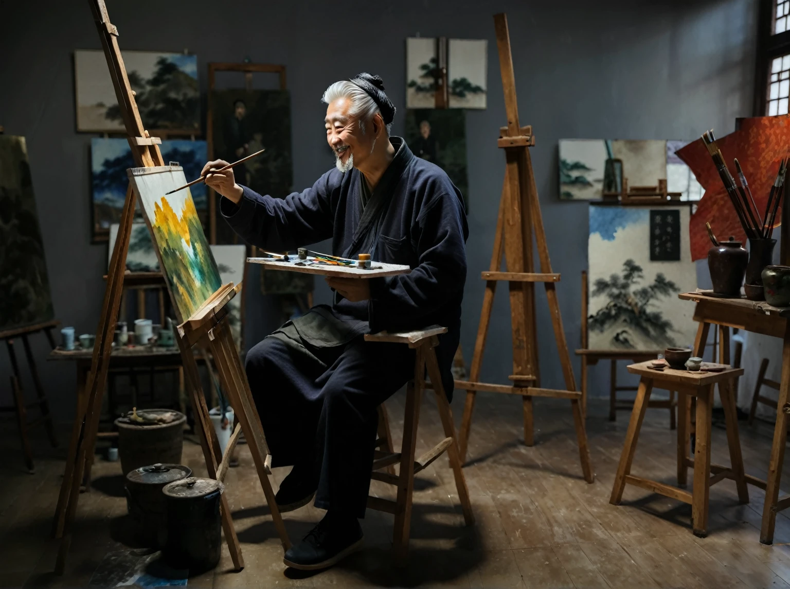 An old Chinese painter，Affable，White hair，Beard，Chinese men，Chinese male painter，Smiling，engrossed，Painter's studio，Attentively，8k，HD，RAW,