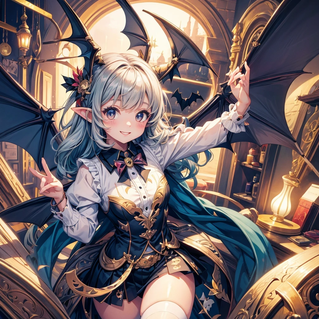 masterpiece、Best image quality、Little、cute、Girl personified a bat、Bat Wings、The best smile、Detailed Background