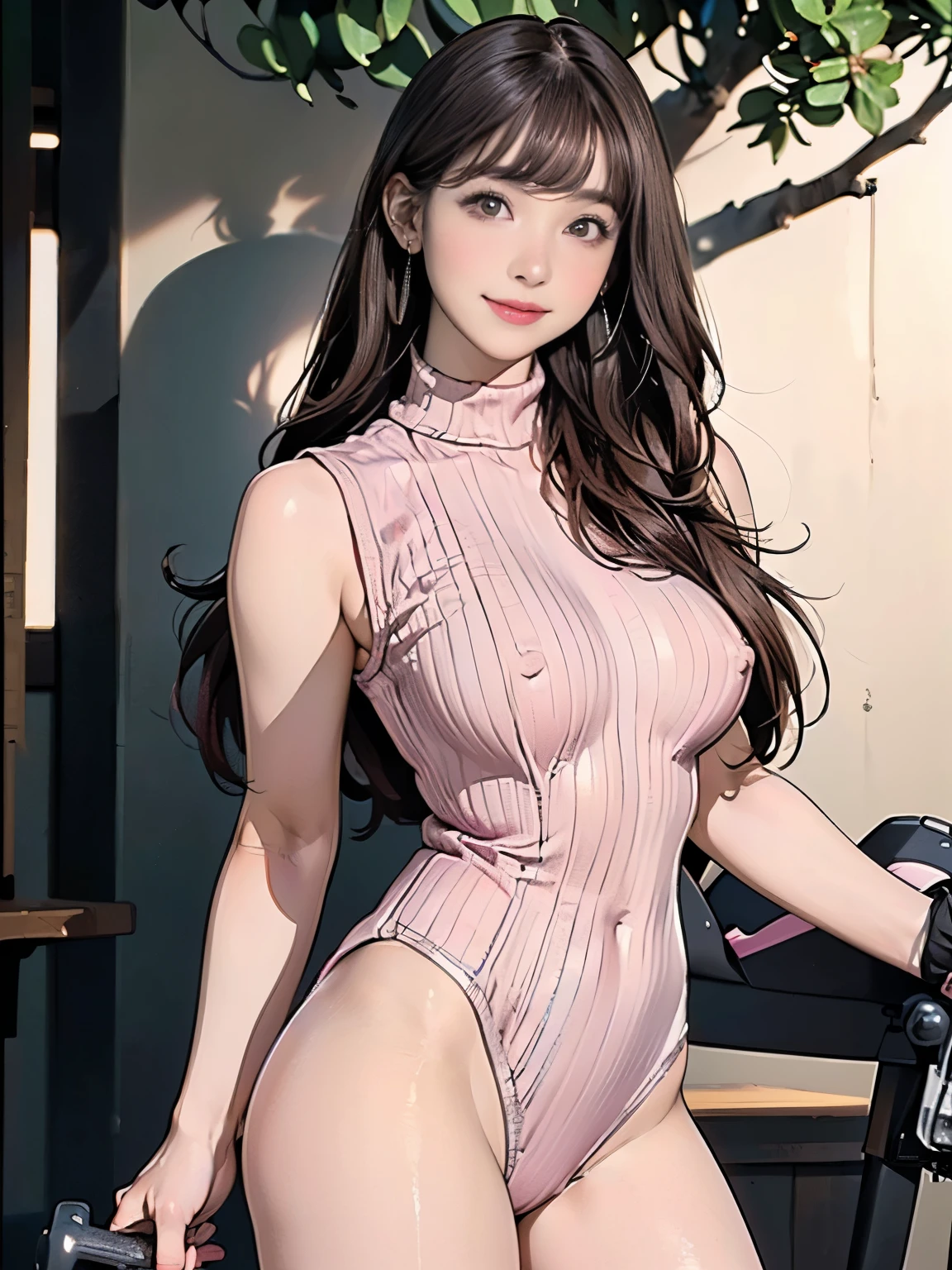 ((((highest quality))))、(((Ultra-precision CG16K wallpaper)))、(((masterpiece)))、(((Super detailed)))、(((Extreme detail)))、((１Mature 29 year old woman:1.6))、((Very beautiful Japanese faces))、((Kitagawa Keiko:1.5))、((Straight one-length semi-long hair、blunt bangs:1.5))、(Shiny brown hair)、Beautiful delicate eyes、Brown Eyes、eyeliner、Eyeshadow、High nose、Small nostrils、Small Mouth、Seductive lips、Beautiful breasts、((C cup size breasts))、Beautiful feet、eight-headed body、Perfect proportions、Perfect Anatomy、Perfect composition、Beautiful detailed shading、Beautiful, natural lighting、Beautiful detail glow、Depth of written boundary、(((High chroma)))、(((Real:1.9)))、((vivid:1.5))、((Beautiful Skin))、((Skin Texture))、((Realな皮膚感))、(((Cowboy Shot:1.6)))、((front view、shoot from front、Low - Angle:1.6))、(((smile:1.5)))、((The woman is looking at this、looking at viewer:1.6))、Bright daylight、Natural light、(((Japanese garden、pine tree:1.4)))、(Bicycle riding pose:1.6)、(((Pink high neck sleeveless ribbed knit leotard:1.6)))、((Wearing earrings:1.3))、((Knee-high socks:1.5))、(((A woman is riding an exercise bike:1.8)))、