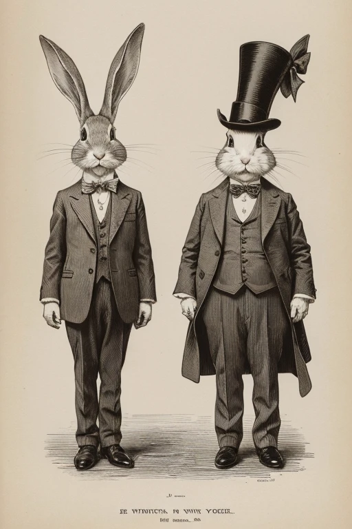 a drawing of two rabbits in suits and hats, anthropomorphic rabbit, portrait of alice in wonderland, inspired by Sir John Tenniel, the white rabbit, by Sir John Tenniel, john tenniel, white rabbit, rabbits, cute anthropomorphic bunny, detailed rabbit in the middle, anthropomorphic female, giant alice in wonderland