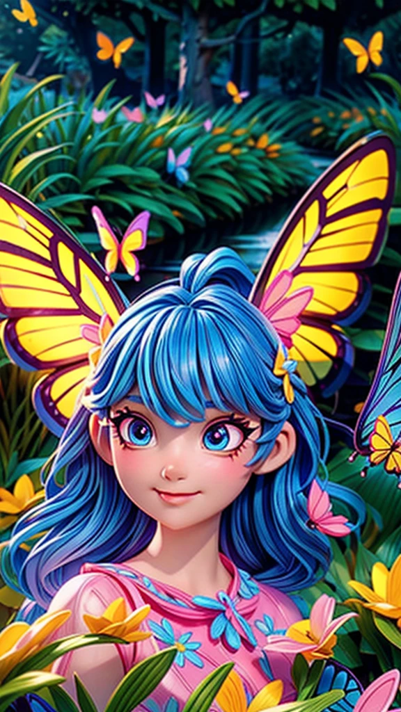 a butterfly girl, flying around a flower field, by a stream, the dazzling light of summer, 1girl, beautiful detailed eyes, beautiful detailed lips, extremely detailed face, long eyelashes, butterfly wings, flower field, stream, summer sunlight, cinematic lighting, vibrant colors, highly detailed, photorealistic, 8k, best quality, masterpiece