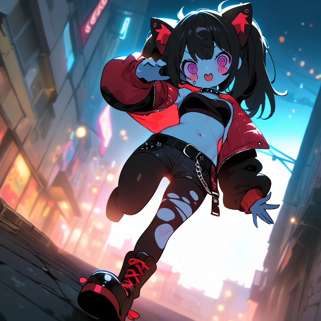 2d,solo,1female\(cute,kawaii,age of 12,(evil smile),floating hair,(black hair:1),(long twin tails hair),pale skin,skin color blue,red eyes,eyes shining,(big eyes),(ripped clothes:1.5),tight tube top,(breast:1.4),tight hot pants,(stomach shown:0.6),(punk fashion:1.4),(ripped black short jacket:1.4),fluffy black cat-ear,(dynamic pose:1.4),(cute pose),better hands,Perfect Hands,full body,(bright @_@:1.8)\), BREAK ,background\(outside,noisy city,backstreet,narrow street,(dark:2.0),neon lights\),[chibi:1.4],[nsfw:2.0],quality\(8k,wallpaper of extremely detailed CG unit, ​masterpiece,hight resolution,top-quality,top-quality real texture skin,hyper realisitic,increase the resolution,RAW photos,best qualtiy,highly detailed,the wallpaper/),(close up:1.0),from below,[nsfw:0.8],